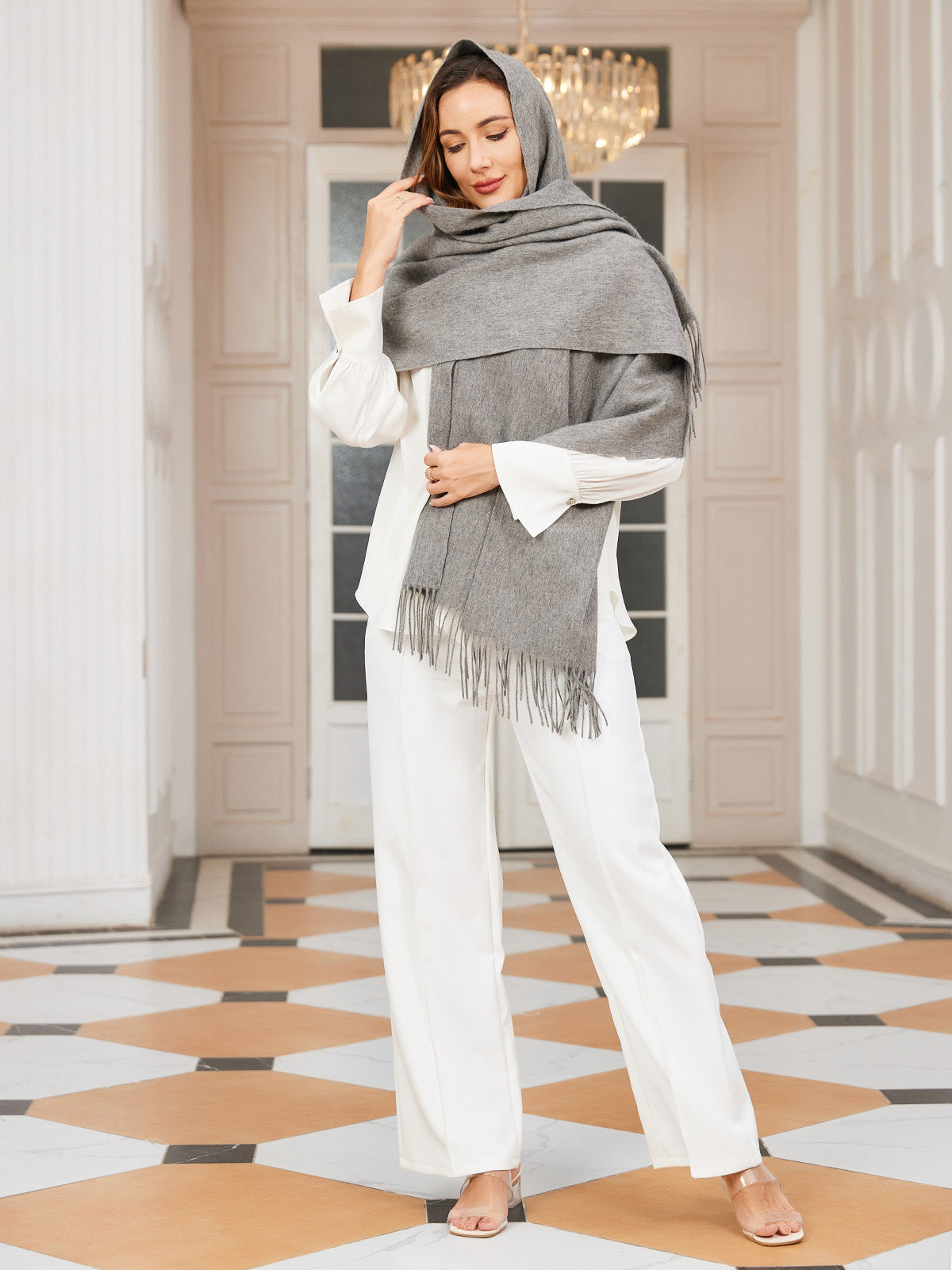 [Grå] SilkSilky-SE Ull Scarf 003