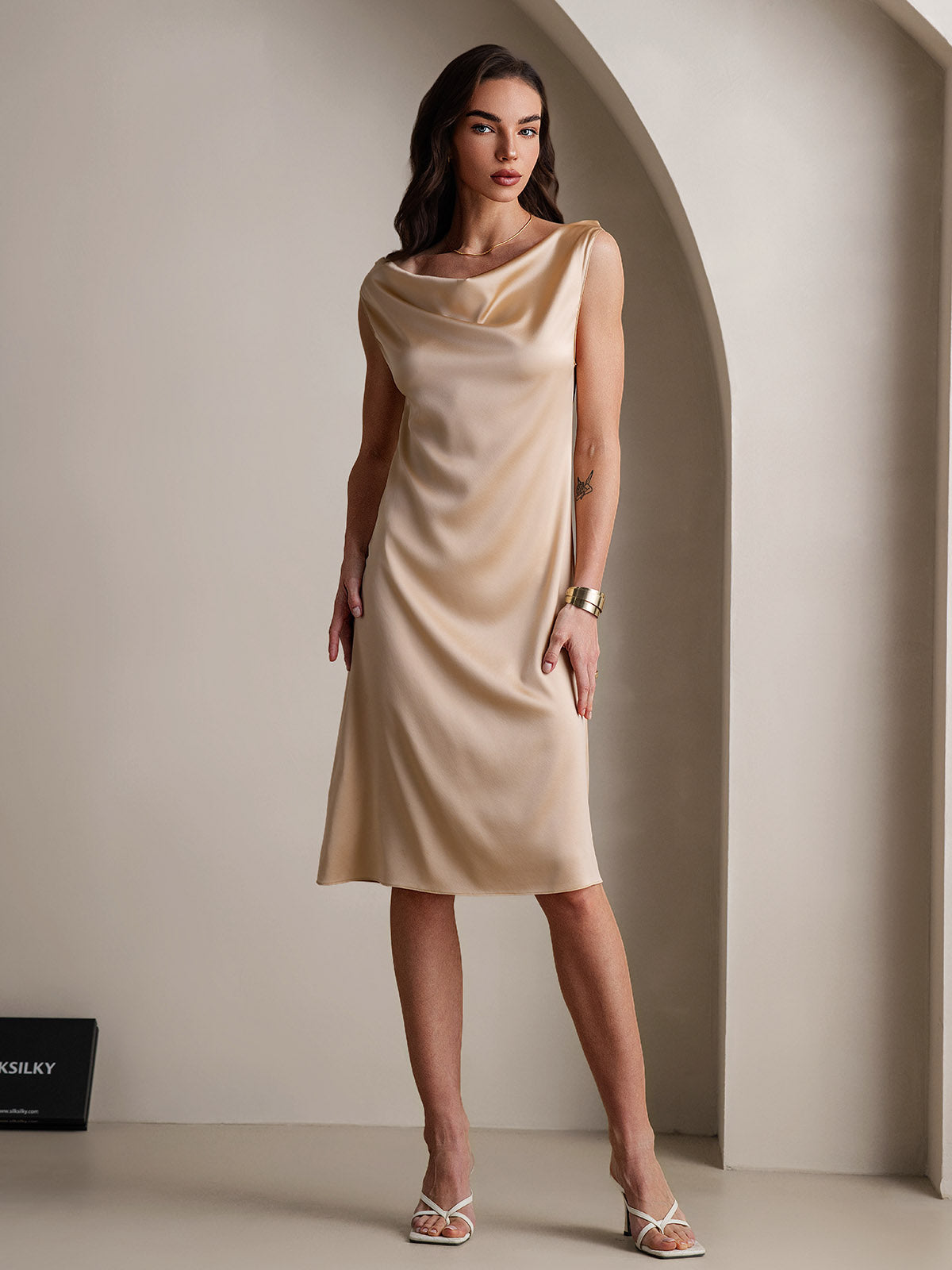[Champagne] SilkSilky-SE 19Momme Silke Ärmlös Kåpa hals Klänning 005
