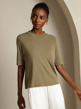 [Bränd Oliv] SilkSilky-SE Half Sleeve Crewkrage Dam T-Shirt 007