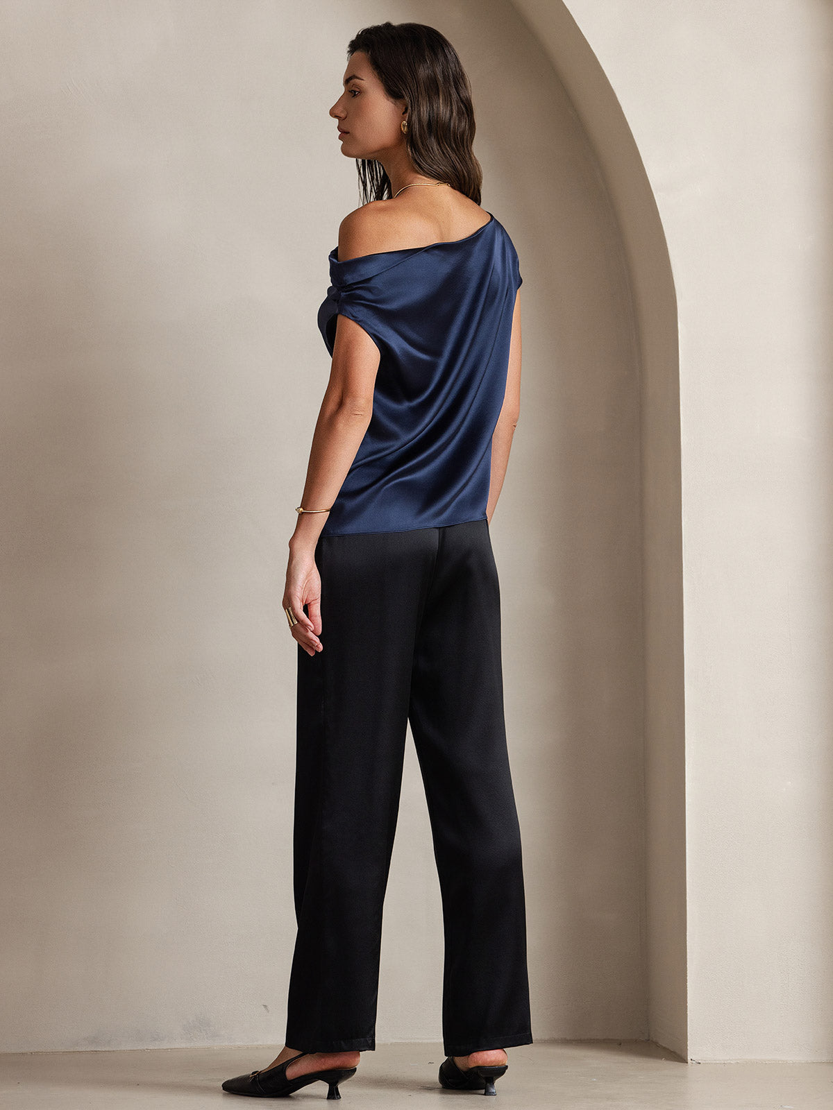 [Mörkblå] SilkSilky-SE 19Momme Silke Womens T-Shirt 002