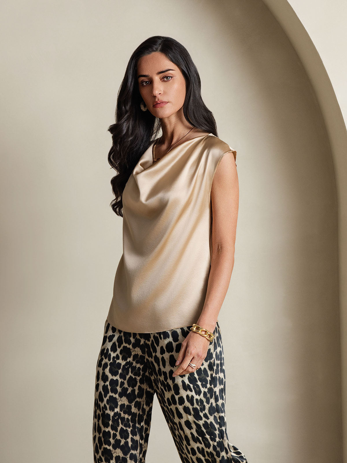 [Champagne] SilkSilky-SE 19Momme Silke Ärmlös Womens T-Shirt 004