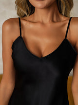 [Svart] SilkSilky-SE Spaghetti Strap V Neck Nattlinne 004