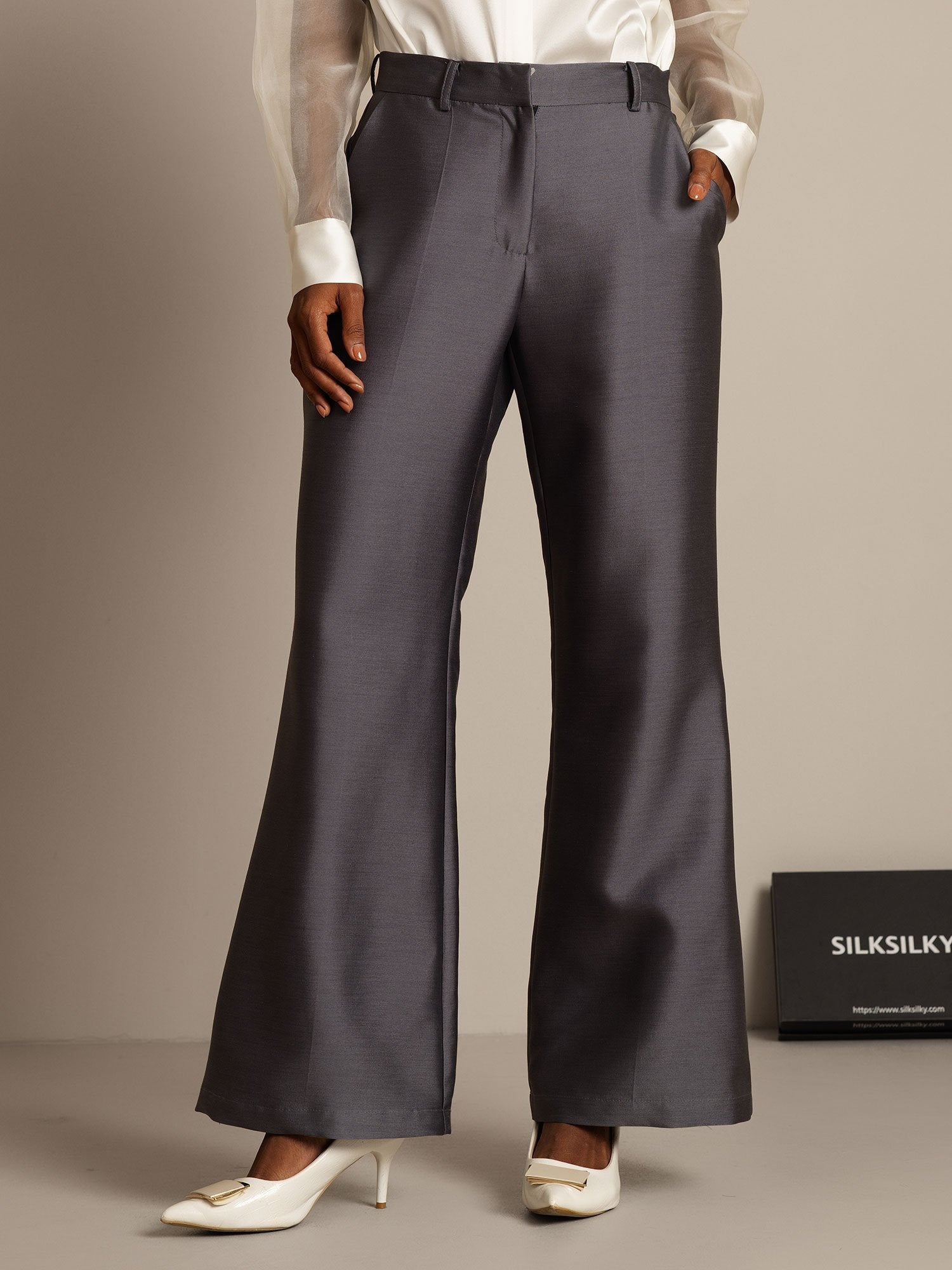 [Grå] SilkSilky-SE 32Momme Silk-Wool Blend Womens Pants 001,