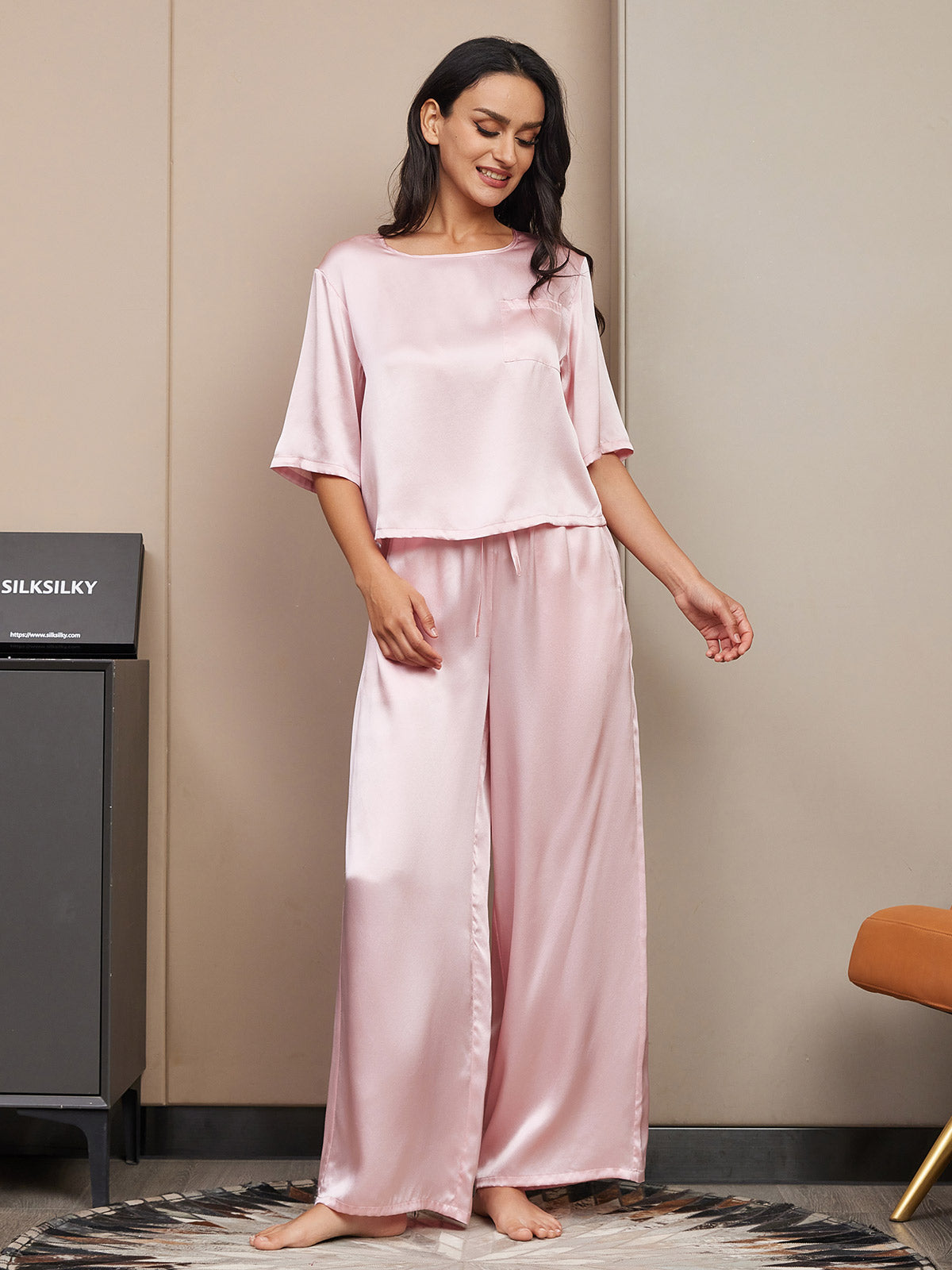 SilkSilky SE Rent Silke Hårärm Round Neck Dam Pyjama Rosa 003