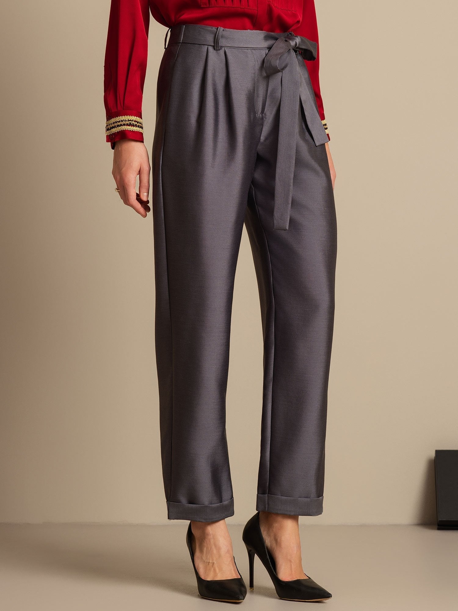 [Grå] SilkSilky-SE 32Momme Silk-Wool Blend Womens Pants 003,