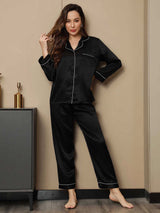 [Svart] SilkSilky-SE Long Sleeve Lapel Collar Dam Pyjama 003