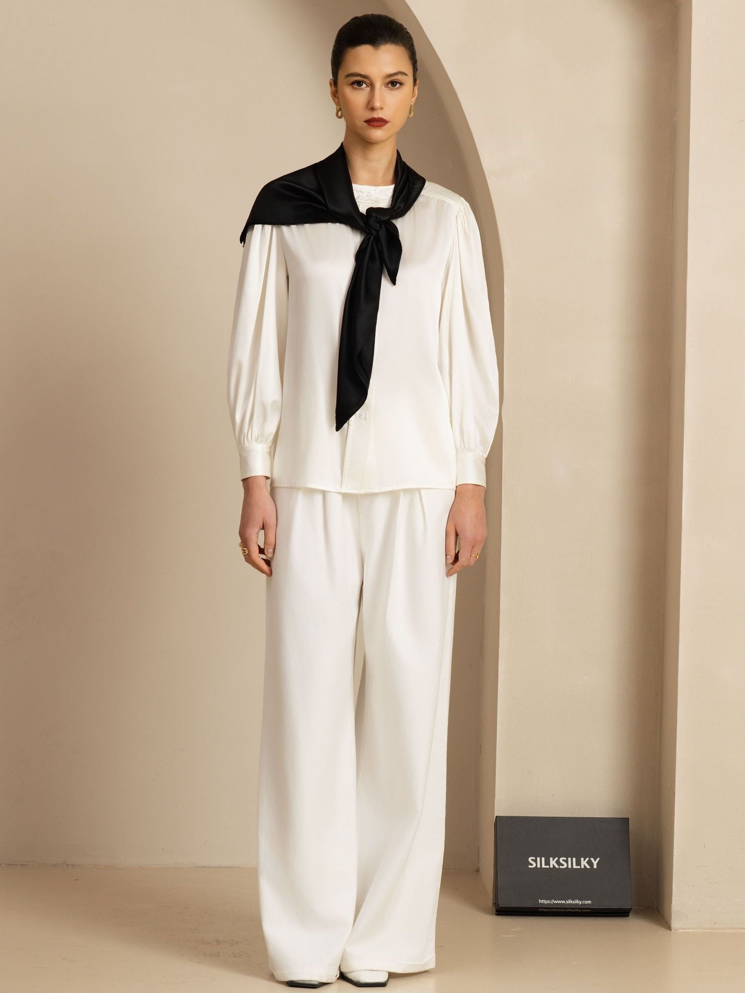 [Svart] SilkSilky-SE Pure Silk Scarf 005