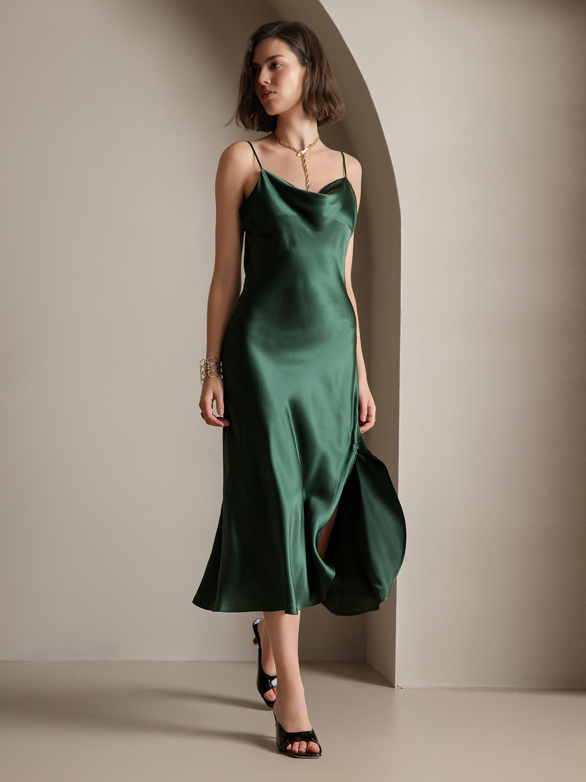 [Mörkgrön] SilkSilky-SE 19Momme Rent Silke Dress 001