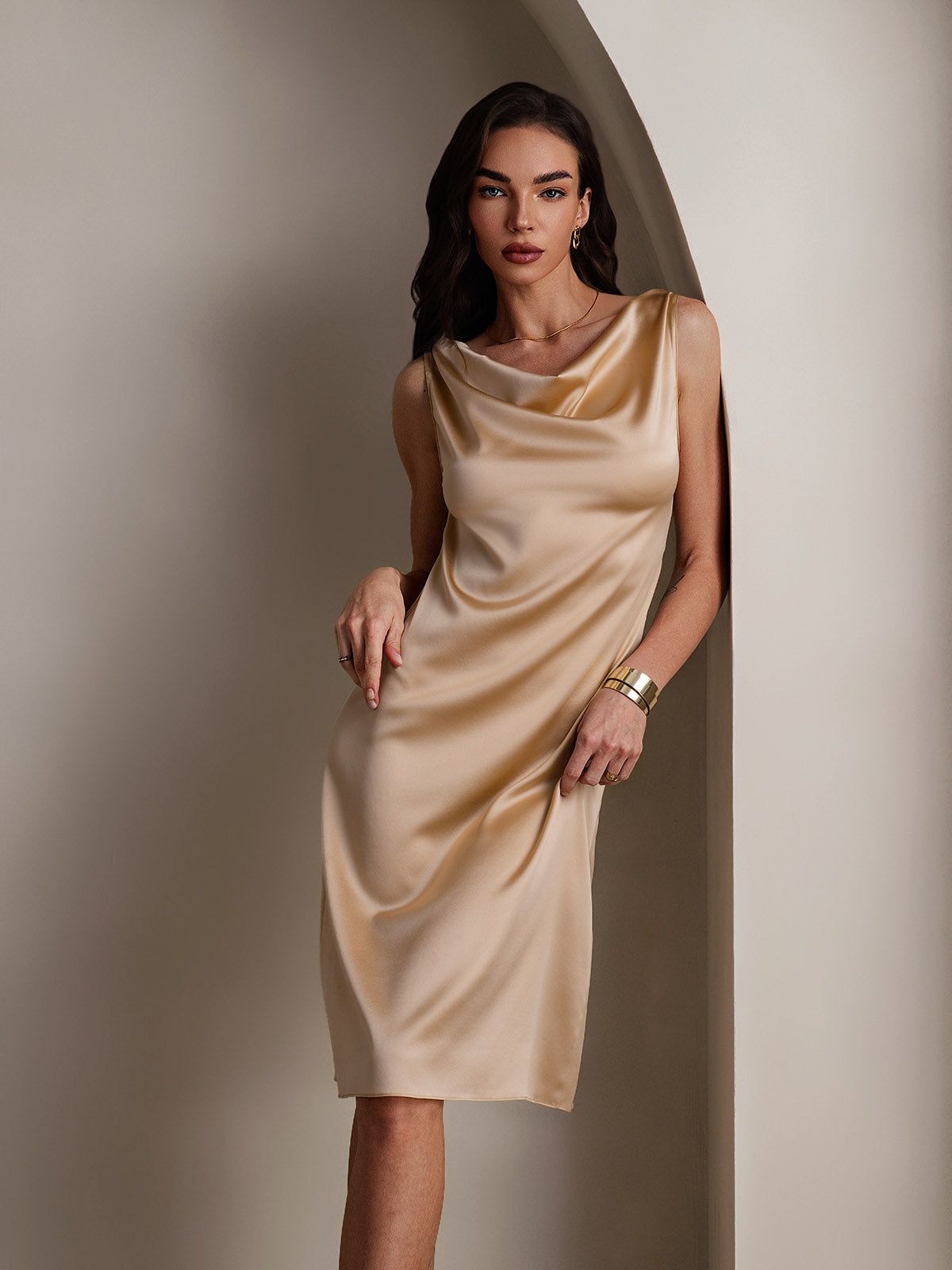 [Champagne] SilkSilky-SE 19Momme Silke Ärmlös Kåpa hals Klänning 001