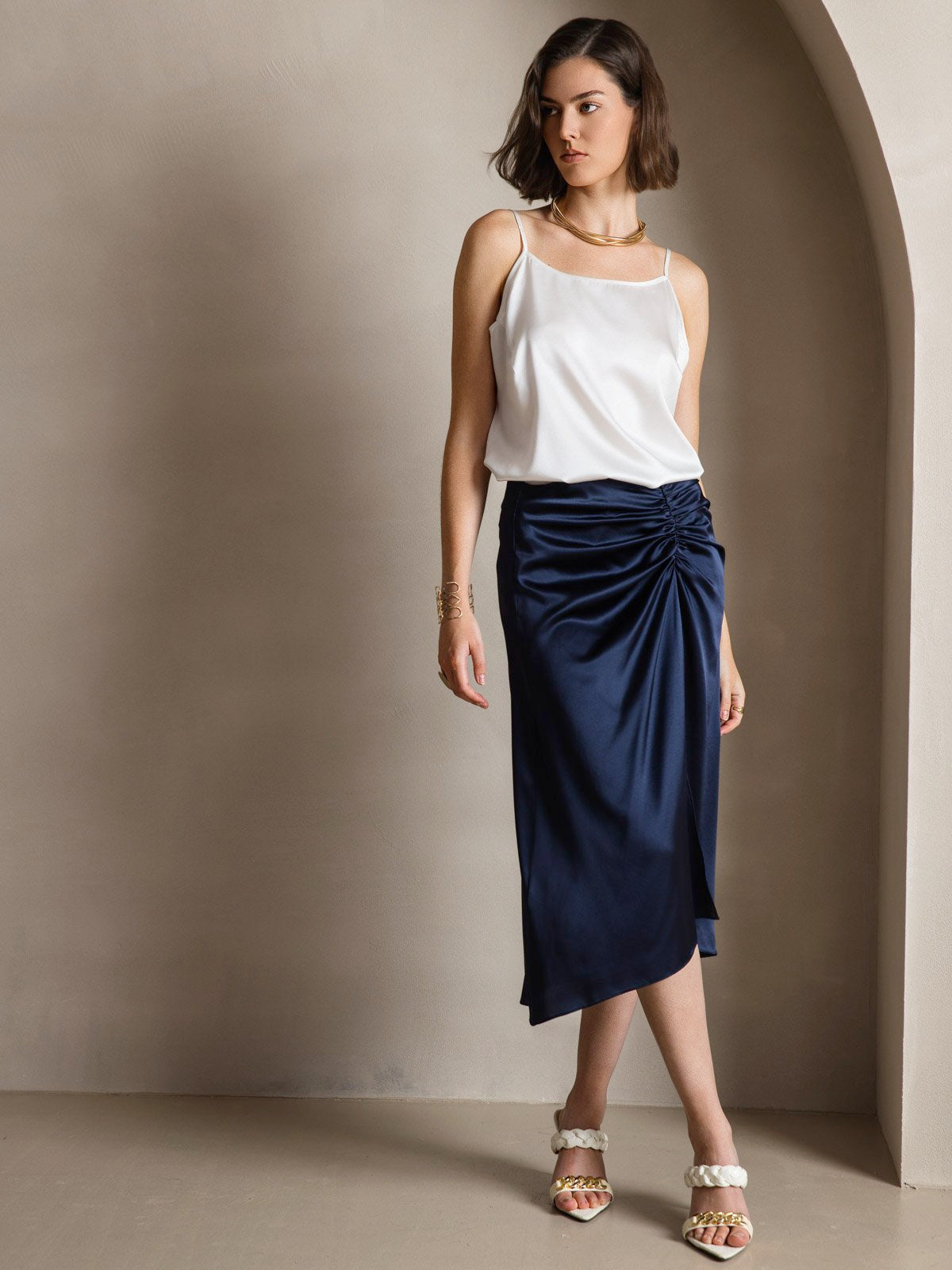 [Vit] SilkSilky-SE 19Momme Spaghetti Rem Djup Rund Halsringning Cami Toppar 009