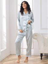 [Ljusblå] SilkSilky-SE Long Sleeve Lapel Collar Dam Pyjama 004
