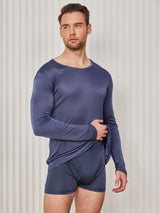[Mörkblå] SilkSilky-SE Long Sleeve Round Neck Herr T-Shirt 003