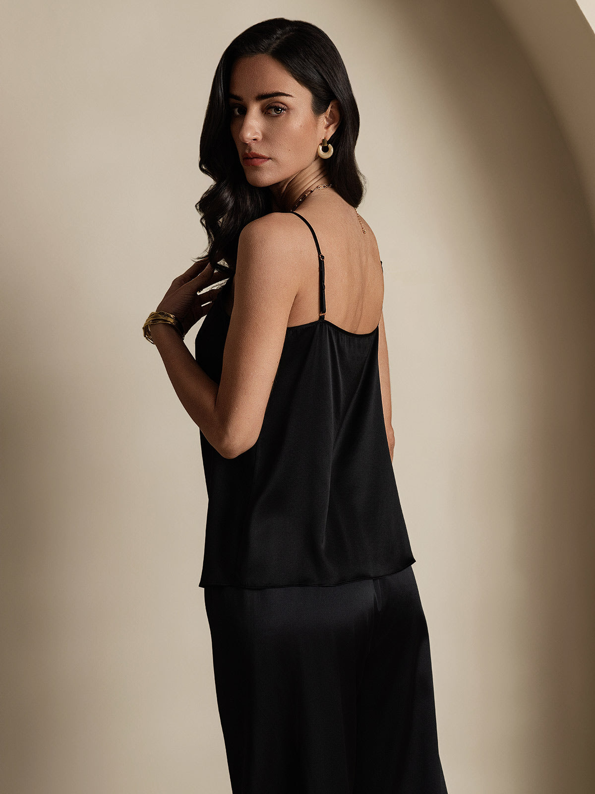 [Svart] SilkSilky-SE 19Momme Spaghetti Rem Djup Rund Halsringning Cami Toppar 002