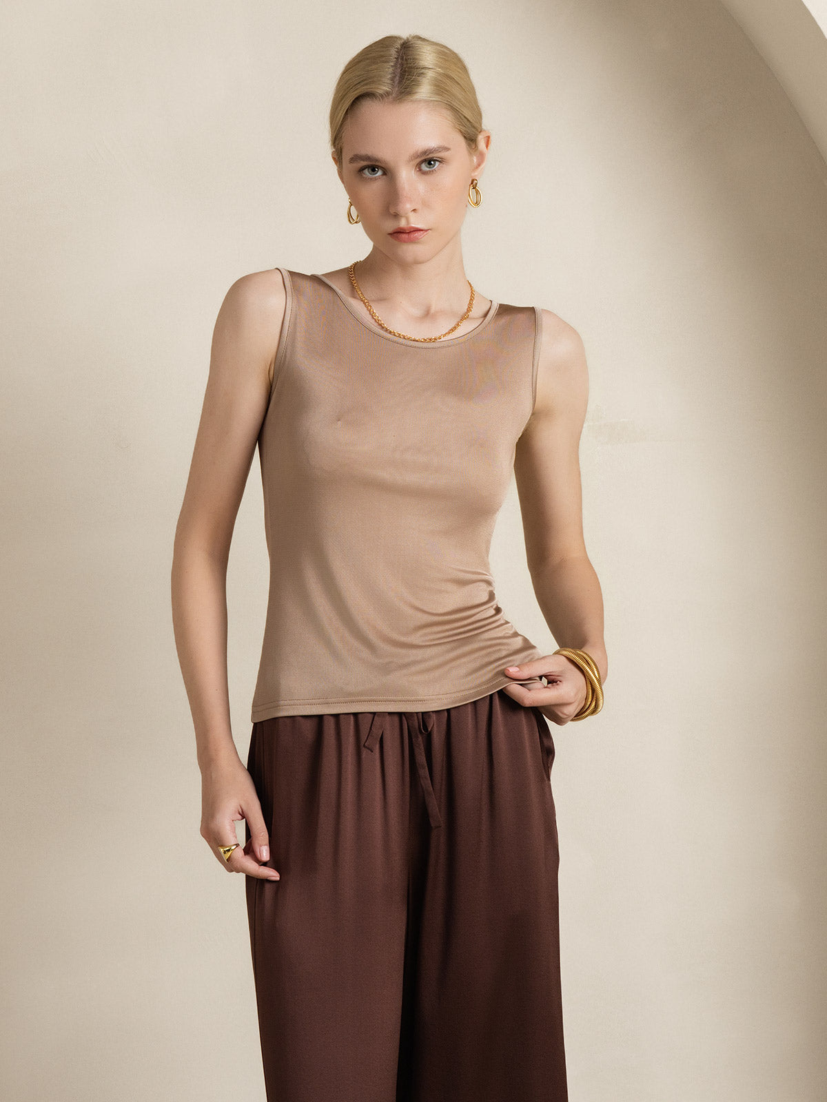 [Kaffe] SilkSilky-SE Silke Stickad Ärmlös Round Neck Dam T-Shirt 006