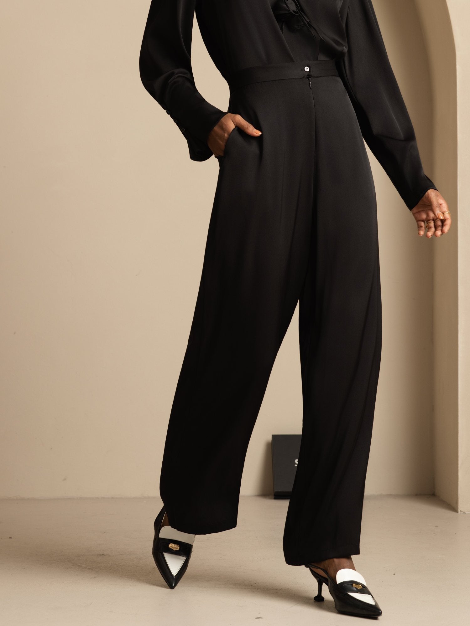 [Svart] SilkSilky-SE 19Momme Silke Womens Pants 004