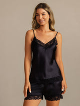 [Svart] SilkSilky-SE Spaghetti Strap V Neck Camisole Set 003