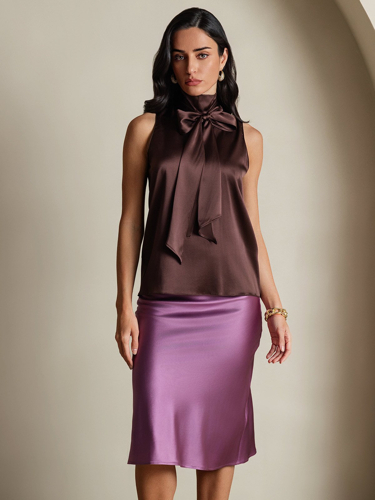 SilkSilky-SE 19Momme Silke Binda Hals Damskjorta Kaffe 004
