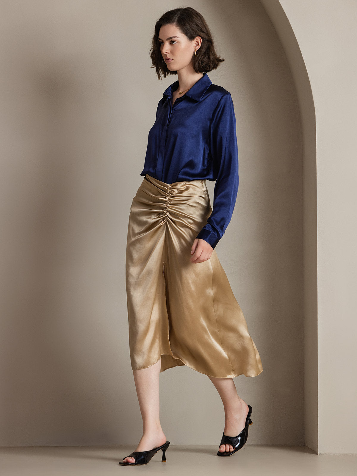 [Mörkblå] SilkSilky-SE 19Momme Silke Lapel Collar Damskjorta 005