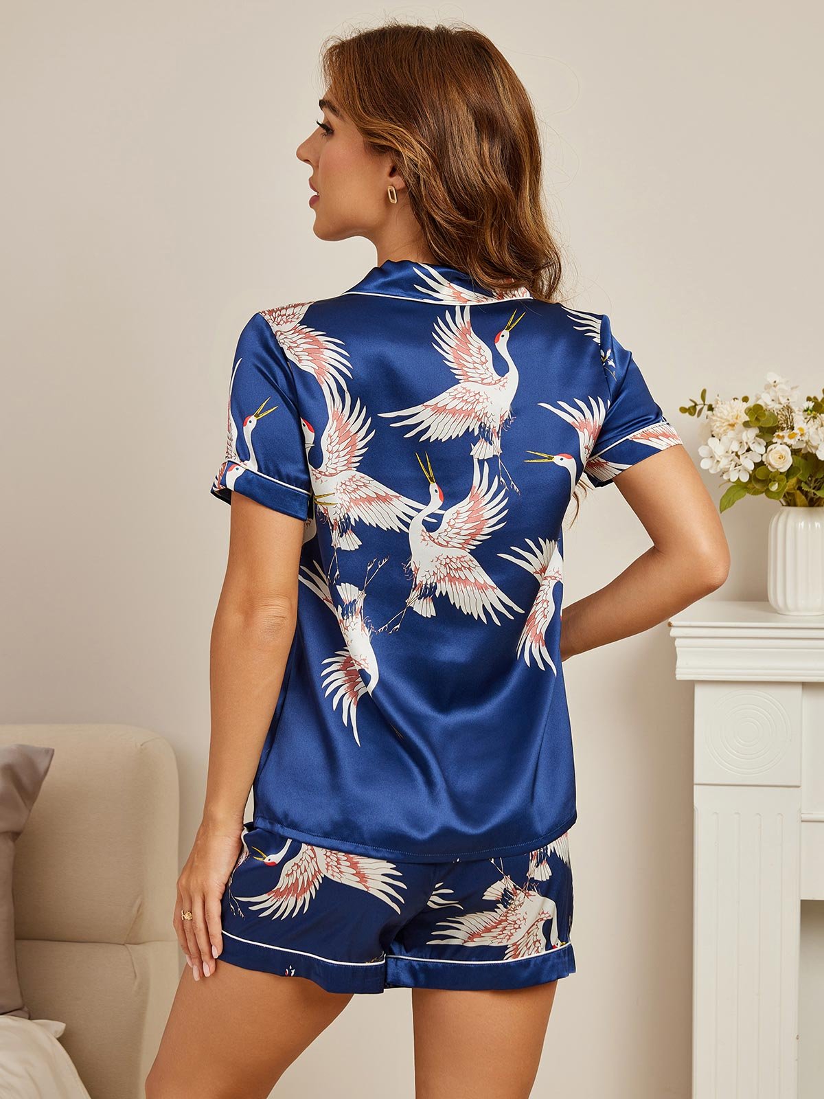 [Mörkblå] SilkSilky-SE Short Sleeve Lapel Collar Dam Pyjama 002