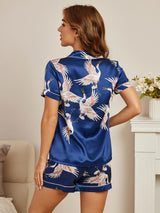 [Mörkblå] SilkSilky-SE Short Sleeve Lapel Collar Dam Pyjama 002