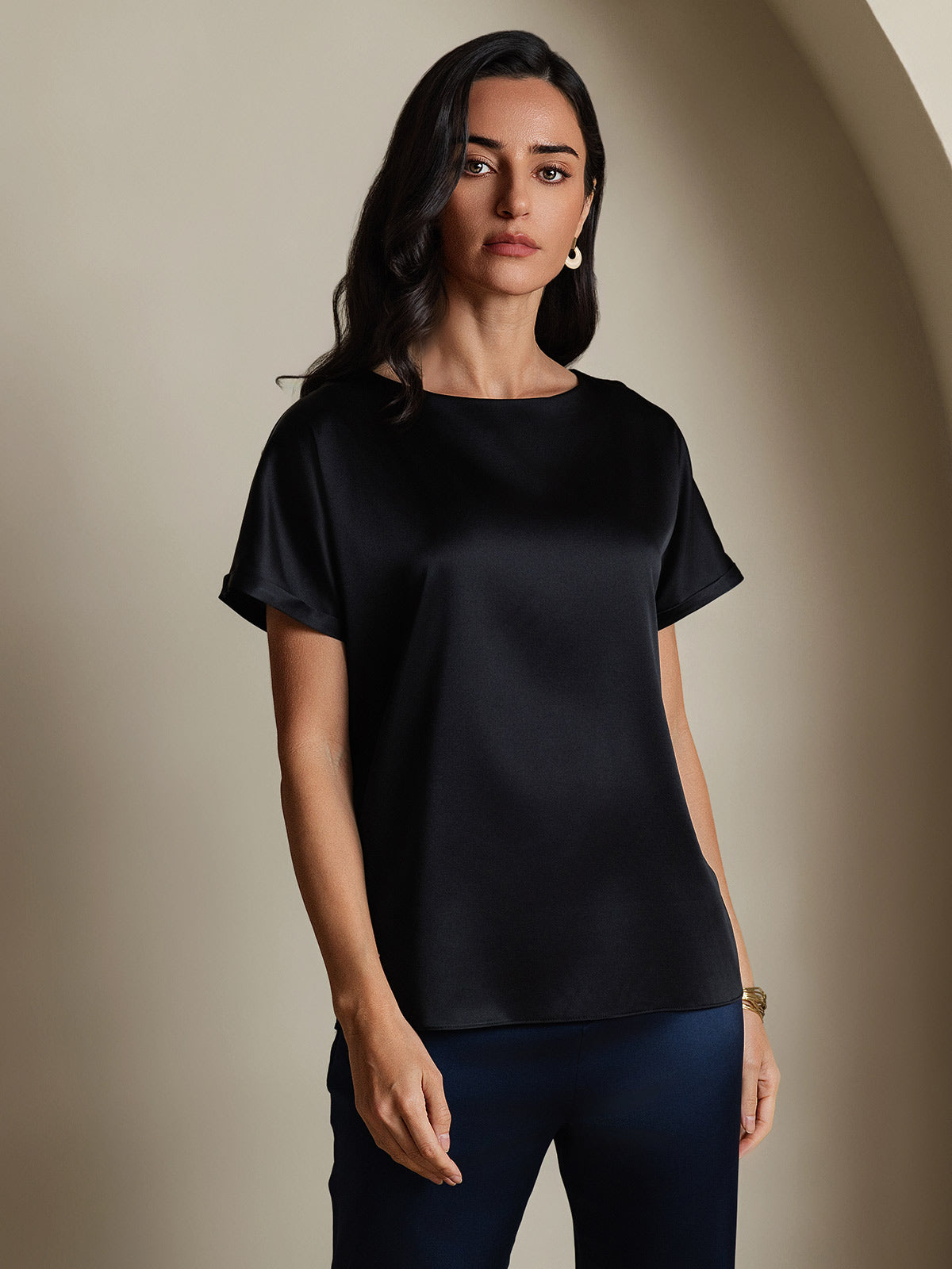 [Svart] SilkSilky-SE 19Momme Silke Womens T-Shirt 001