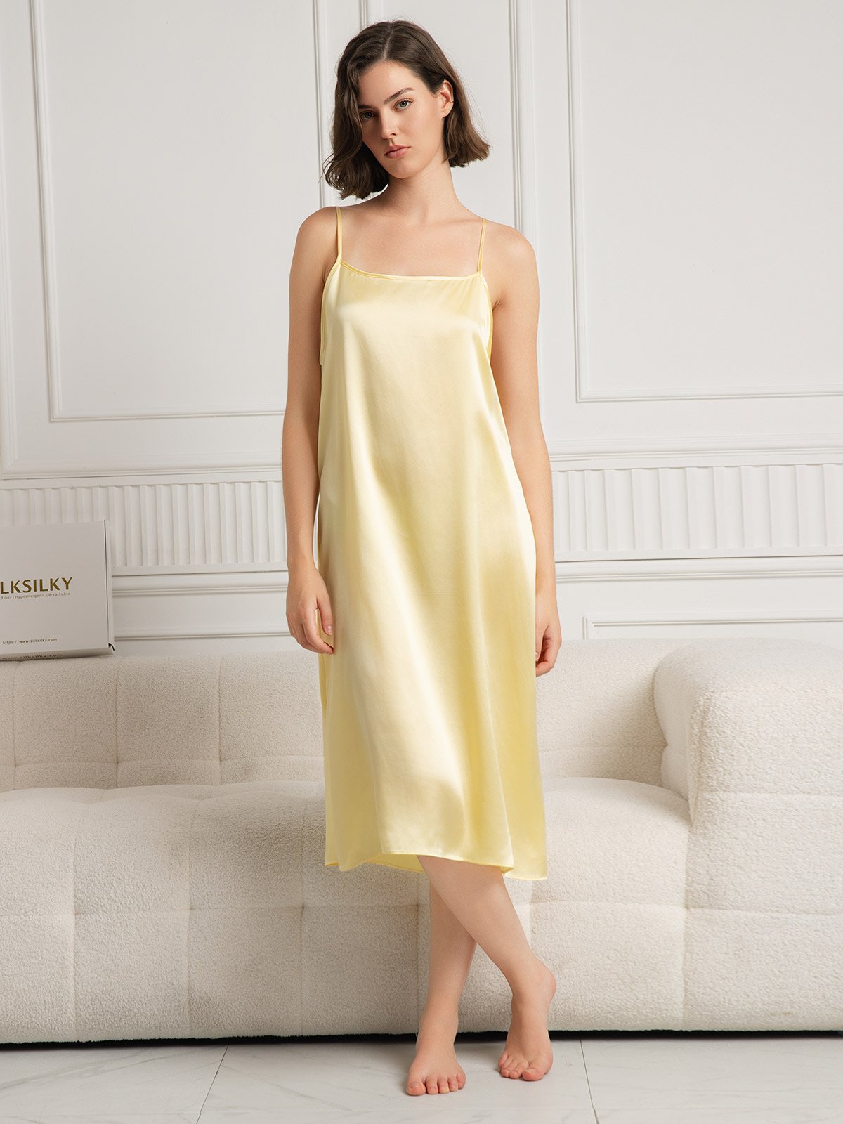 SilkSilky-SE 19Momme Silke Ärmlös Dress Ljusgul 001