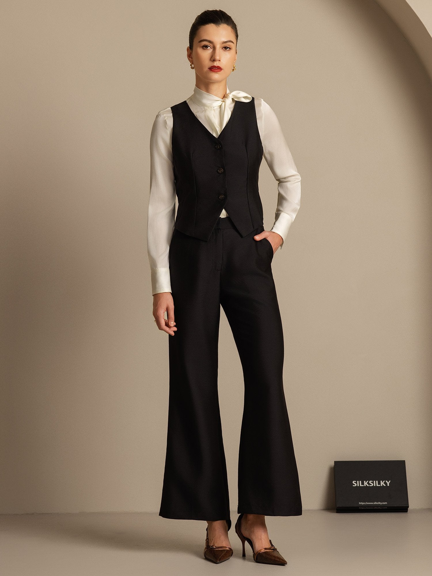 [Svart] SilkSilky-SE 32Momme Silk-Wool Blend Womens Pants 006,