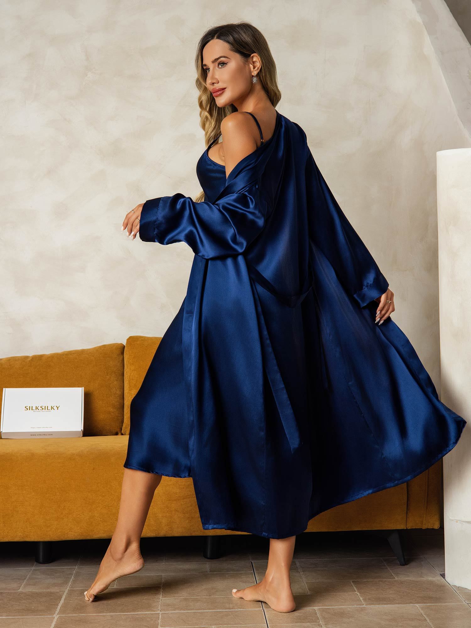 [Mörkblå] SilkSilky-SE Rent Silke Nightgown&Robe Set 002