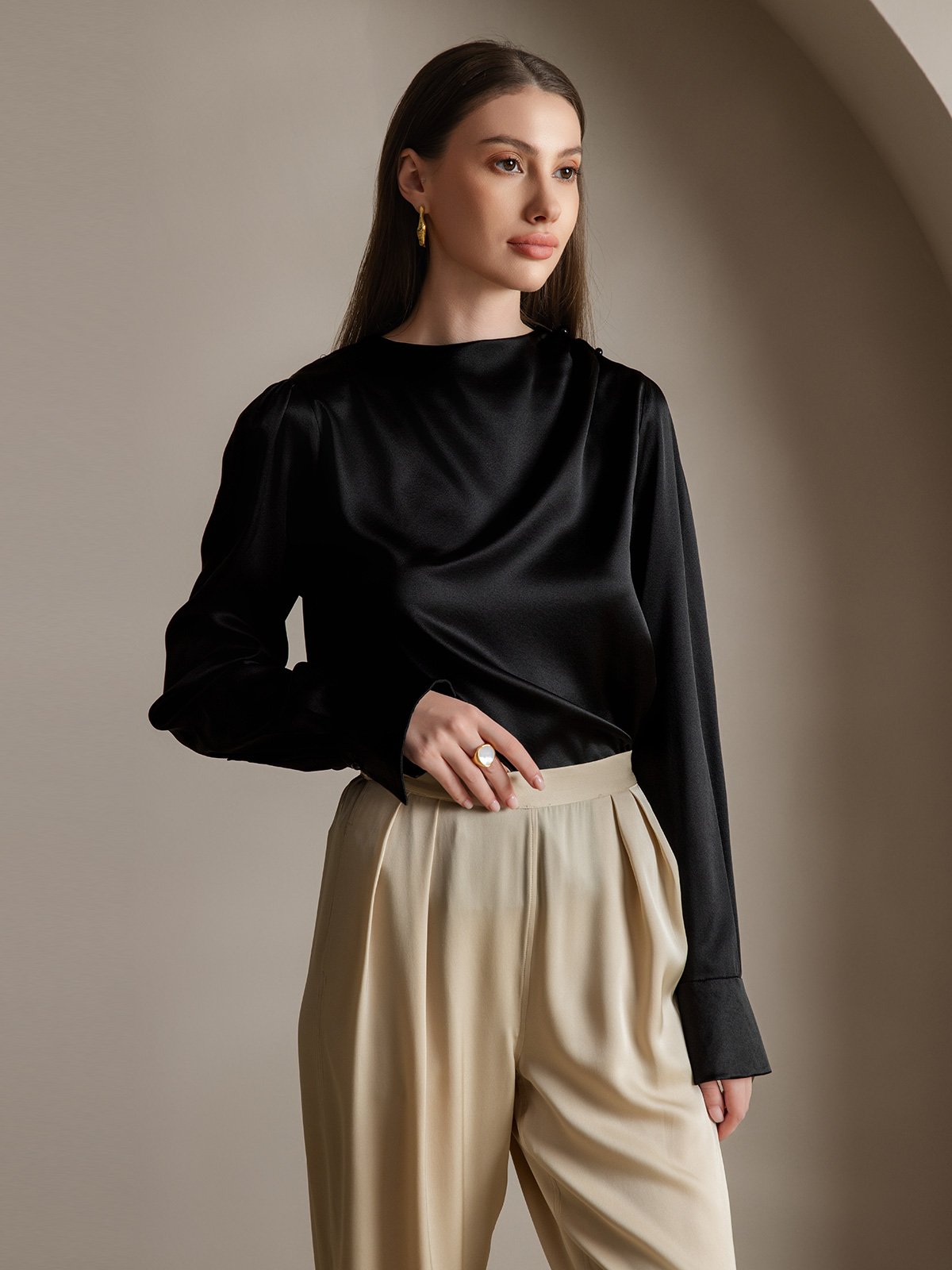 [Svart] SilkSilky-SE 19Momme Silke Womens Shirt 005