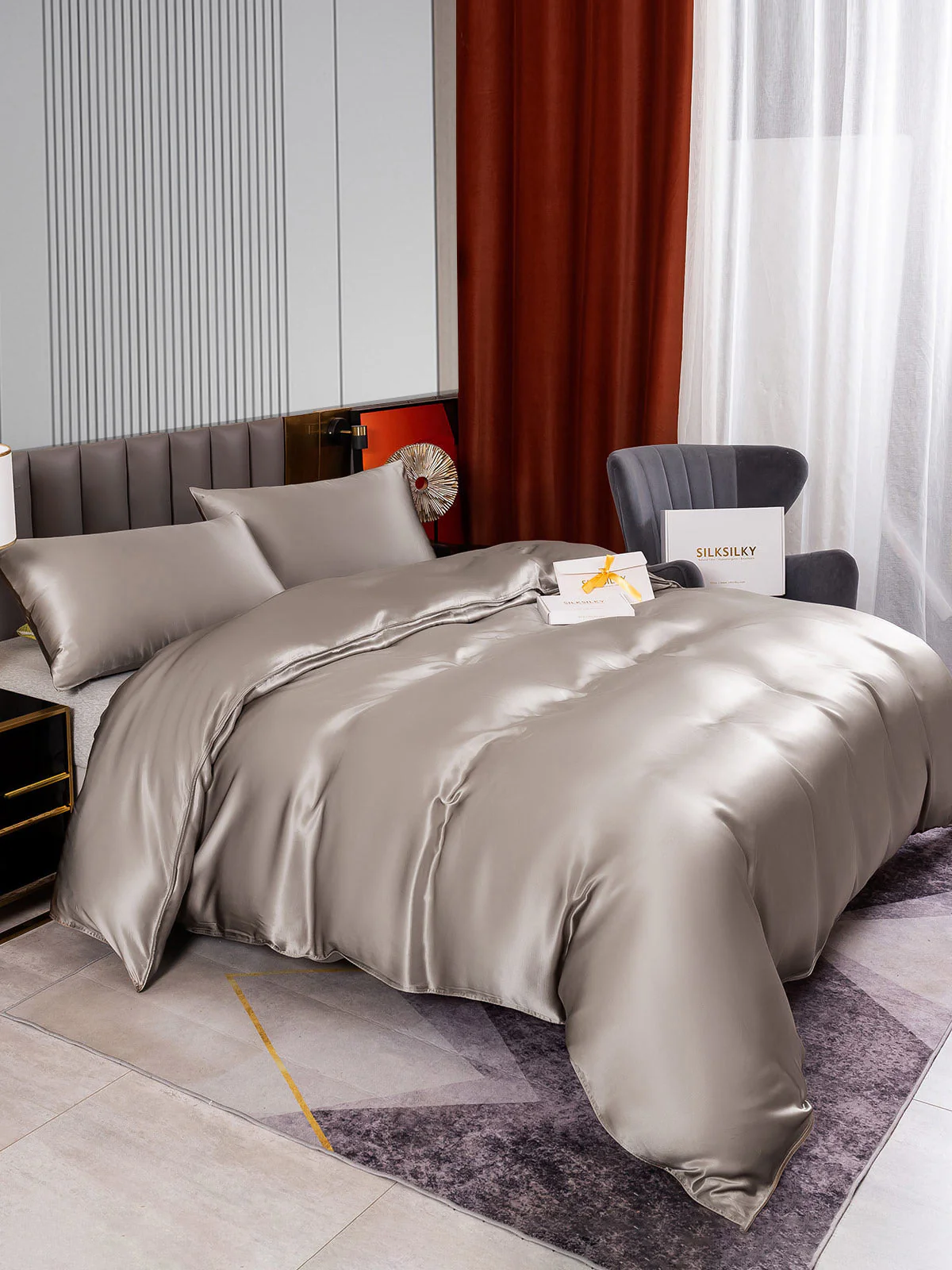 [Grå] SilkSilky-SE 22Momme Rent Silke Bedding Set 004,