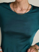 [Posy Grön] SilkSilky-SE Lång Ärm Rund Halsringning Dam T-Shirt 008
