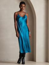 [Kungsblått] SilkSilky-SE Spaghetti Strap V Neck Klänning 001