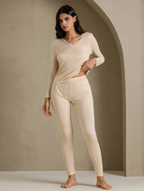 [Beige] SilkSilky-SE Long Sleeve V Neck Dam Långkalsonger 006