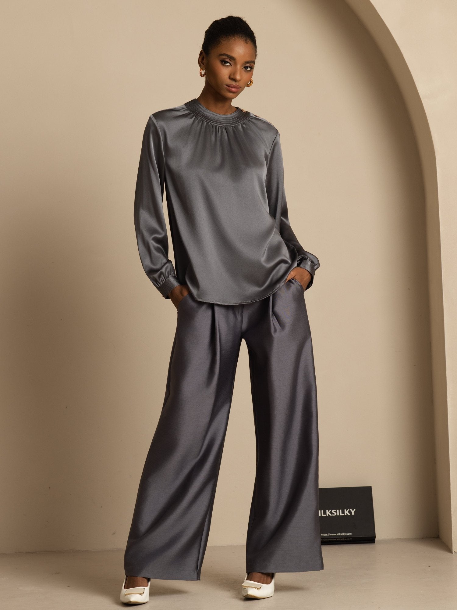 [Mörkgrå] SilkSilky-SE 19Momme Silke Lång Ärm Rund Halsringning Blus 003