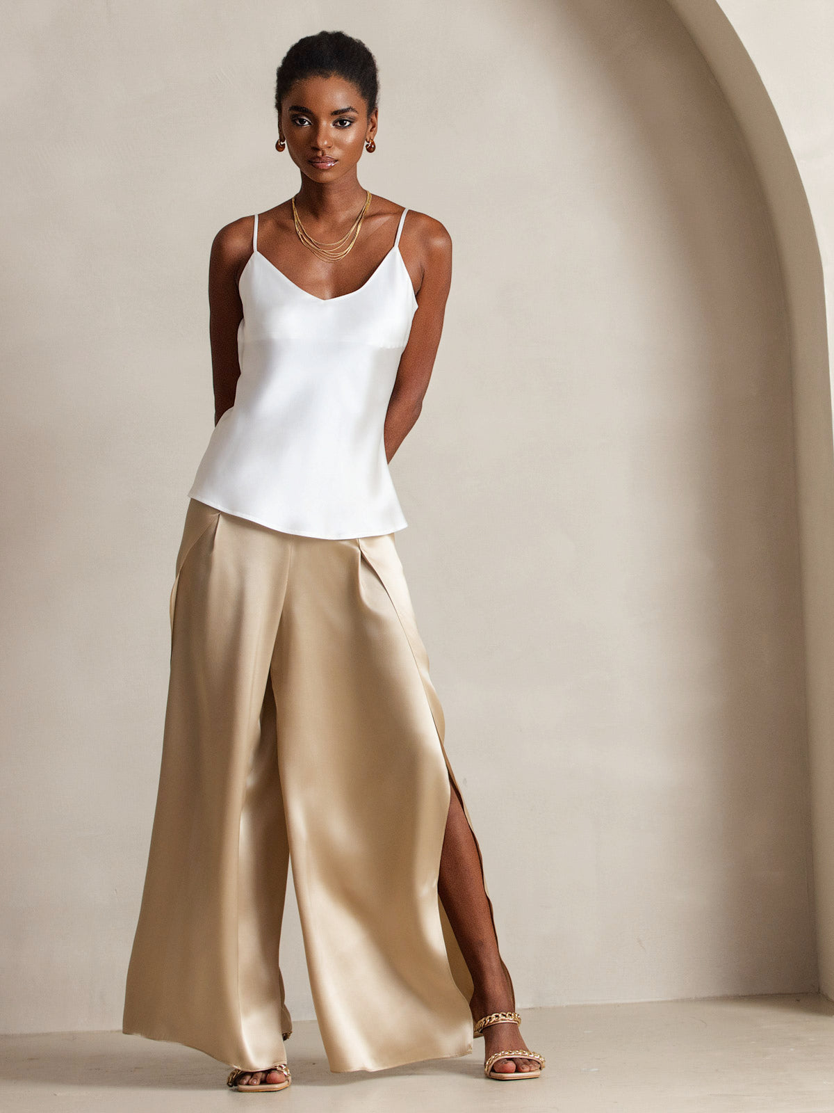 [Vit] SilkSilky-SE Rent Silke V-Hals Cami Toppar 004