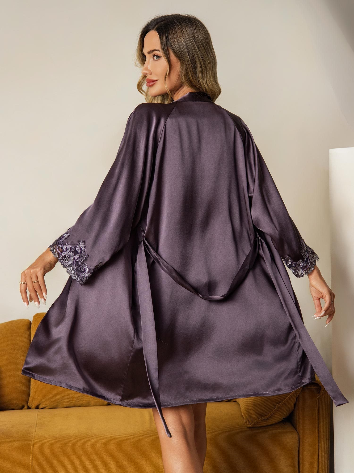 [LilaGrå] SilkSilky-SE Rent Silke Nightgown&Robe Set 003