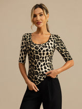 [Leopard] SilkSilky-SE Hårärm Djup Rund Halsringning Dam T-Shirt 001