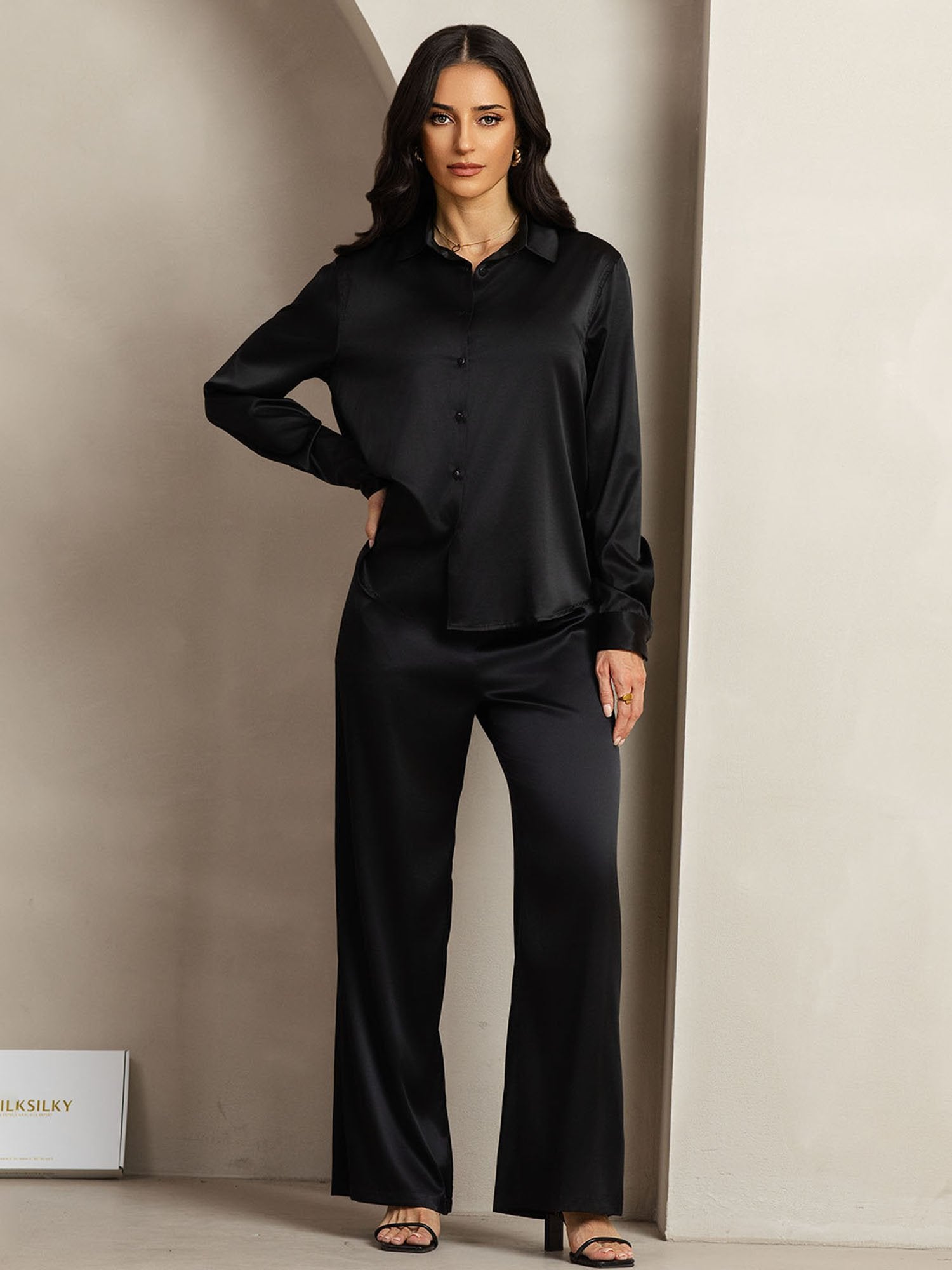 [Svart] SilkSilky-SE 19Momme Silke Krage Women''s Outfit Sets 004