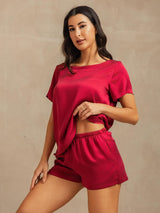 [Vin] SilkSilky-SE 19Momme Kort Ärm Rund Halsringning Dam Pyjama 007