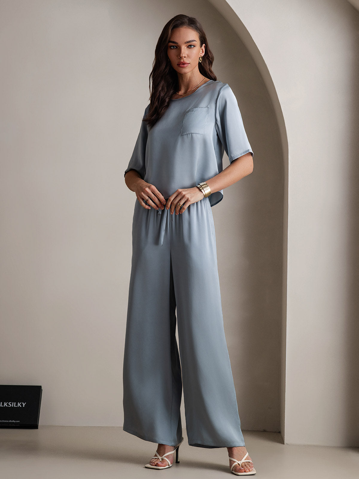 [Gråblå] SilkSilky-SE Rent Silke Womens Pajamas 004