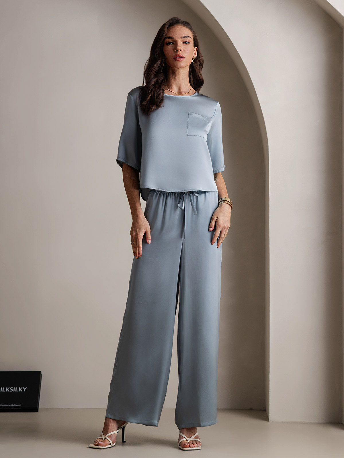 [Gråblå] SilkSilky-SE Rent Silke Womens Pajamas 003