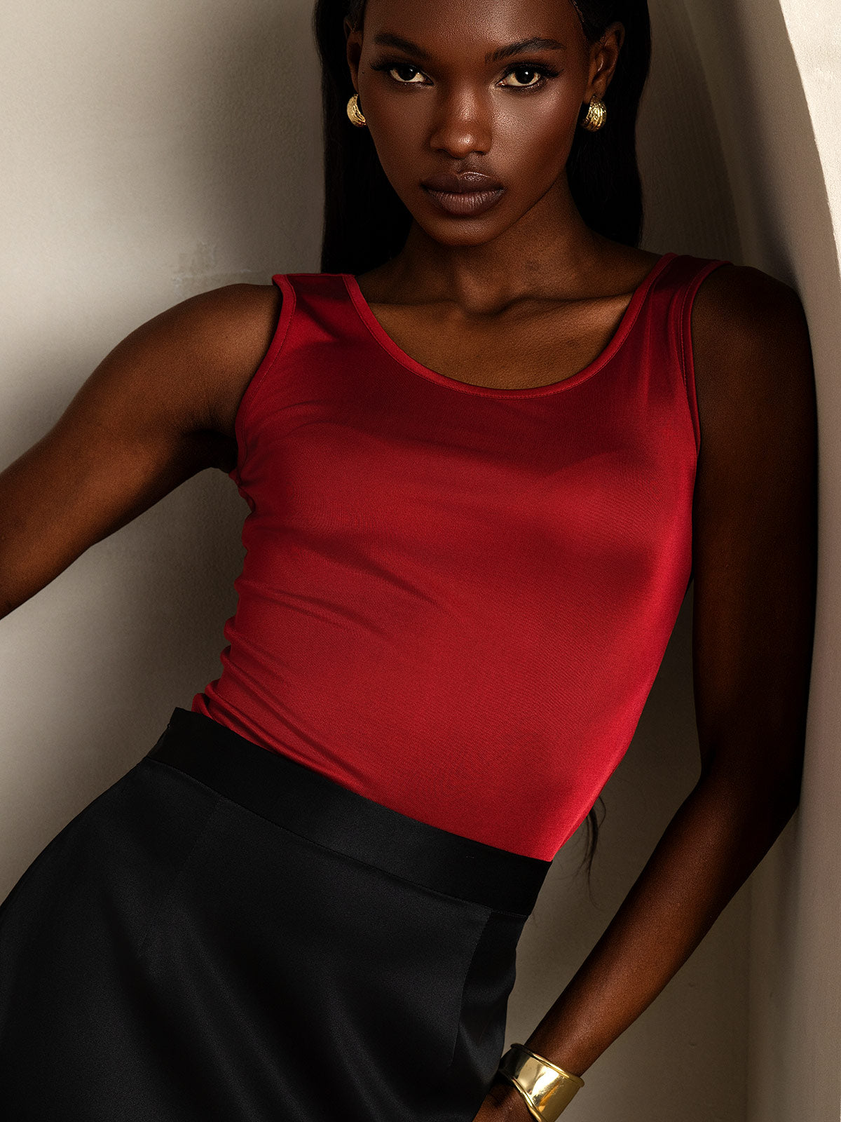 [Vin] SilkSilky-SE Silke Stickad Ärmlös Round Neck Dam T-Shirt 003