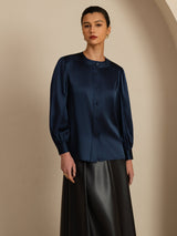 [Mörkblå] SilkSilky-SE 19Momme Long Sleeve Round Neck Blus 003