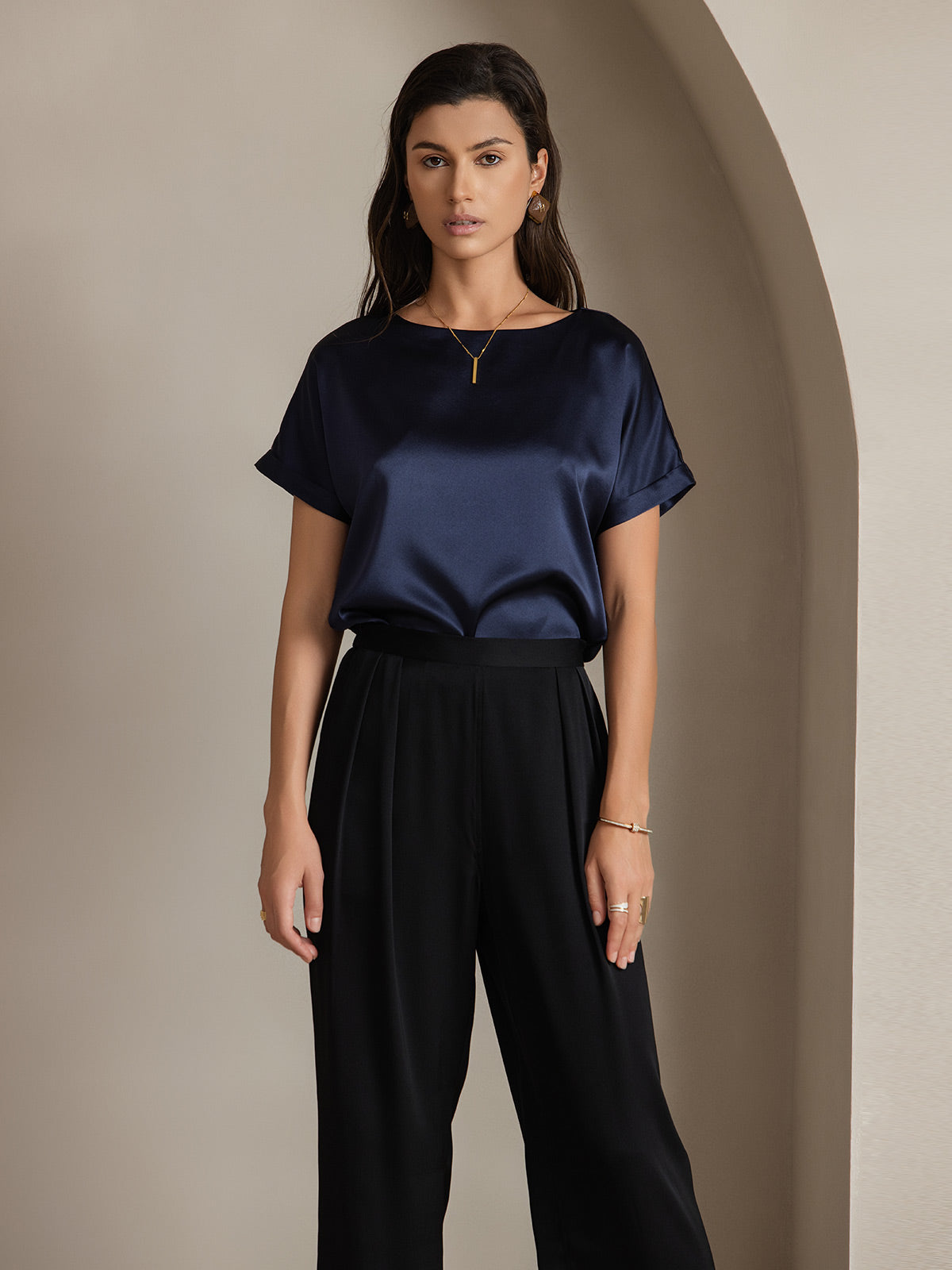 [Mörkblå] SilkSilky-SE 19Momme Silke Womens T-Shirt 001