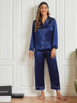 [Mörkblå] SilkSilky-SE Rent Silke Lång Ärm Womens Pajamas 004