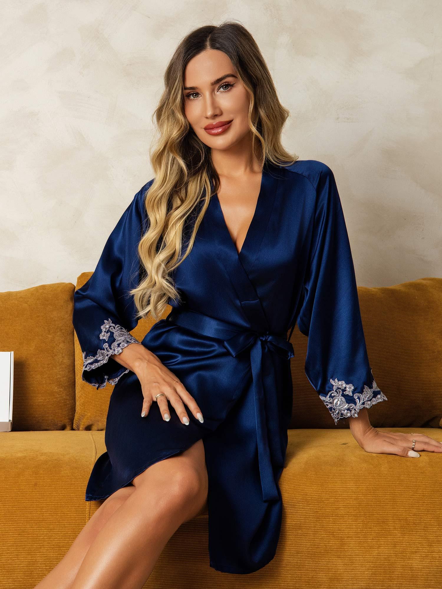 [Mörkblå] SilkSilky-SE Rent Silke Womens Robe 004