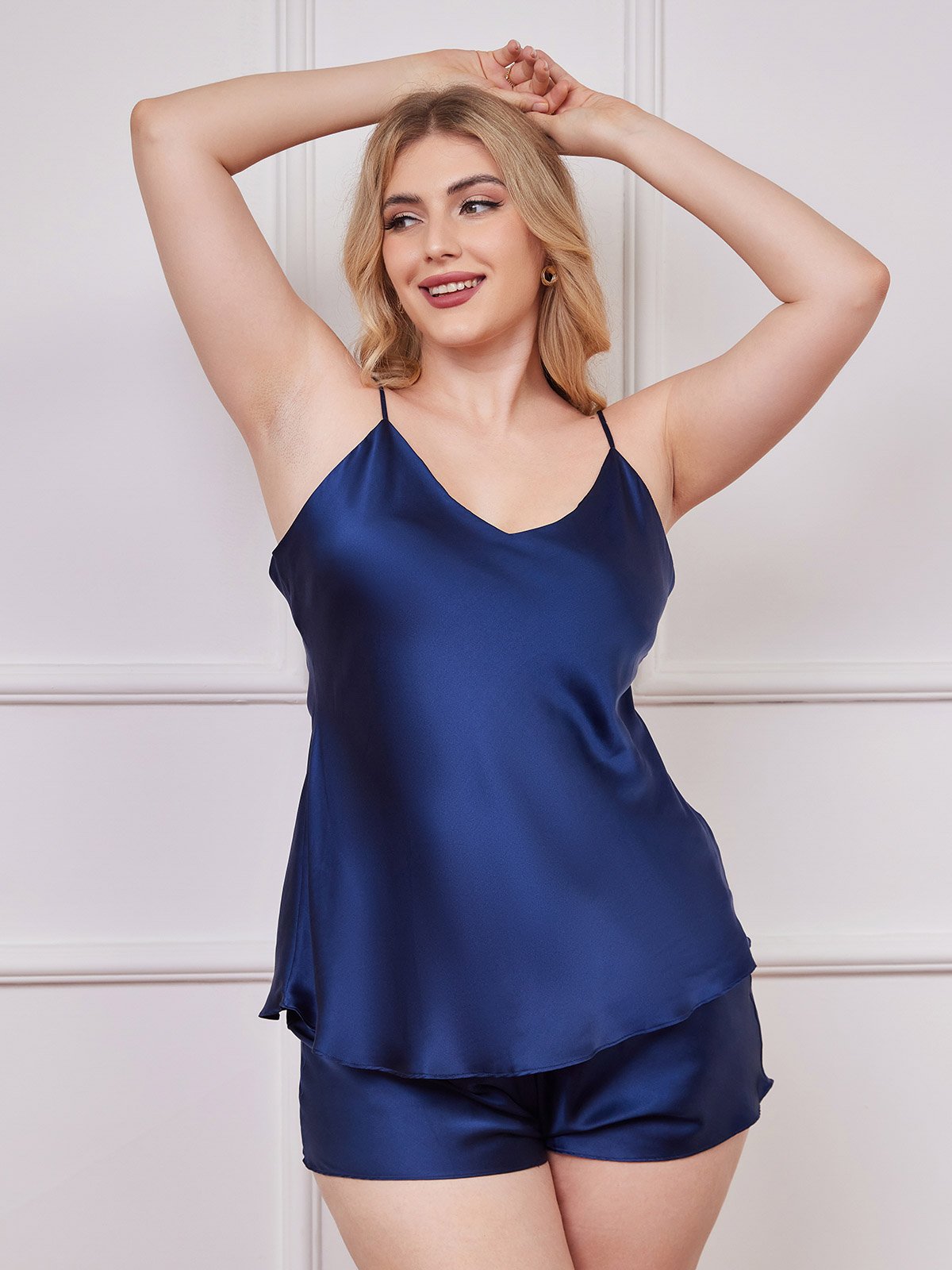 SilkSilky-SE Rent Silke V-Hals Plus Storlek Camisole Set Mörkblå 003