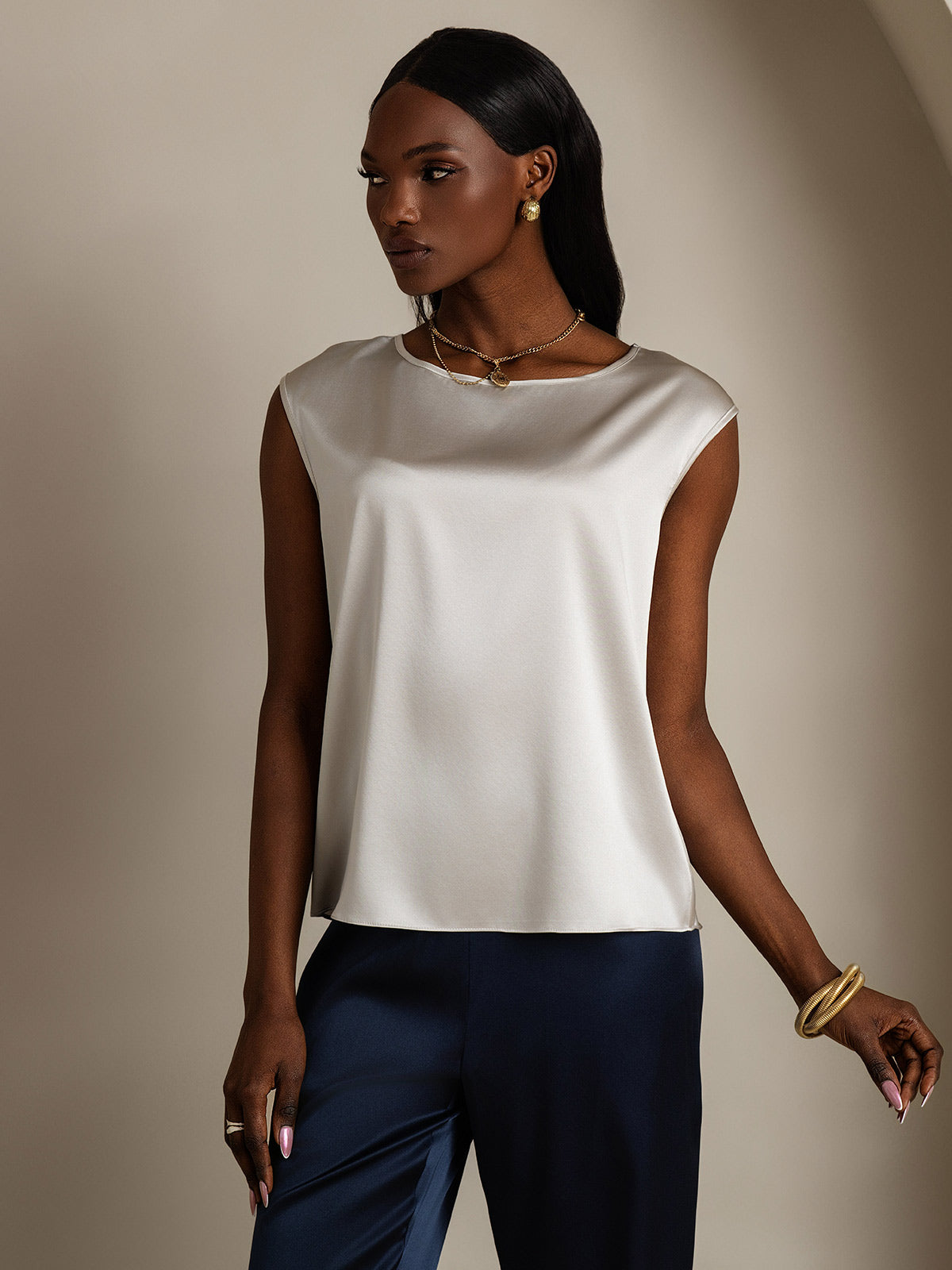 [Ljusgrå] SilkSilky-SE 19Momme Silke Womens T-Shirt 004