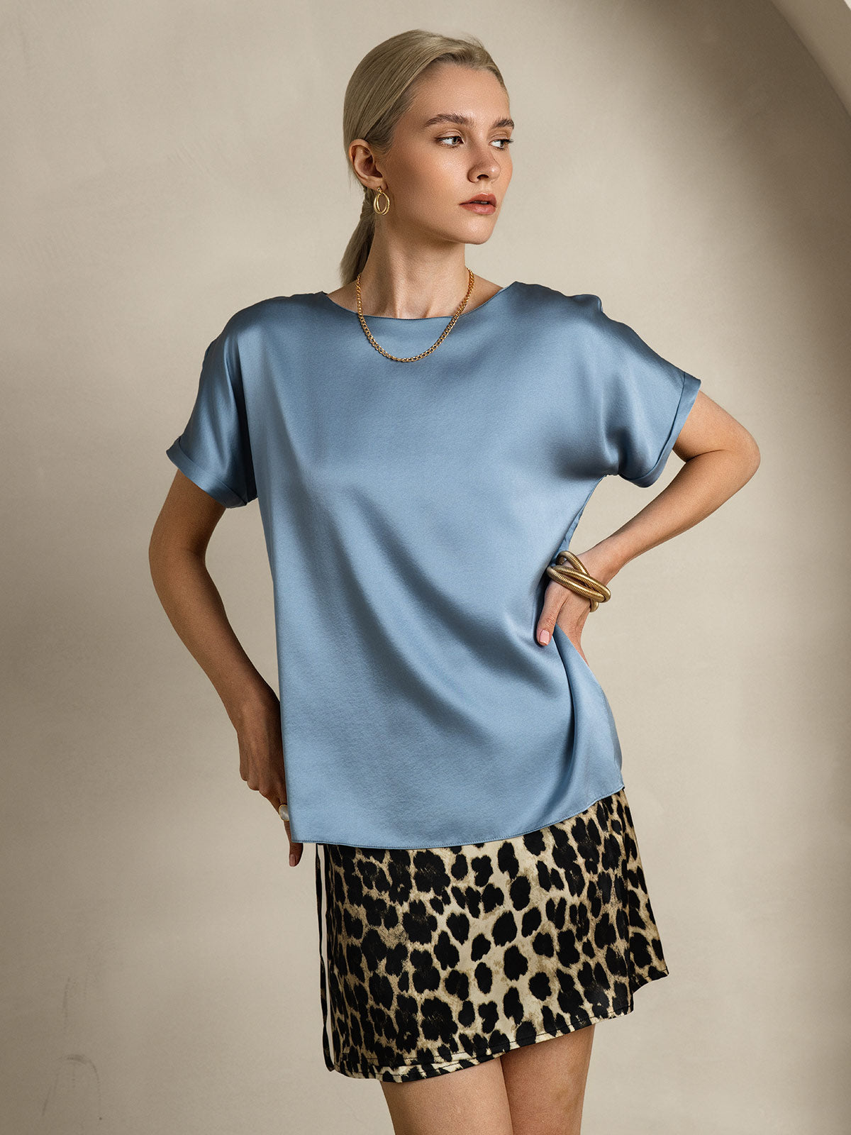 [Gråblå] SilkSilky-SE 19Momme Silke Womens T-Shirt 004