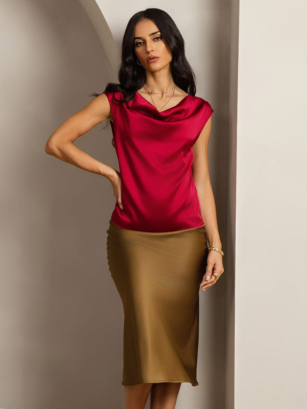 [Vin] SilkSilky-SE 19Momme Kappärm Cowl Halsringning Dam T-Shirt 001